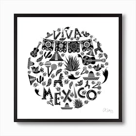 Black And White Doodle Viva Mexico Art Print