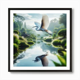 Egret Flying Over Pond Art Print