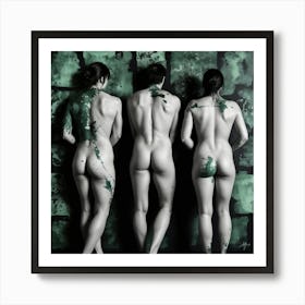 Three Nude In Green Paint, three butts Art Print