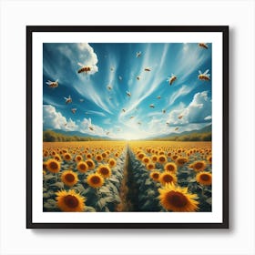 Sunflowers And Bees Art Print