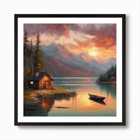 Oil painting of a tranquil lake surrounded by mountains Art Print