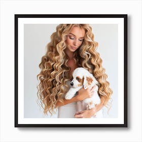 Portrait Of A Woman Holding A Puppy Art Print