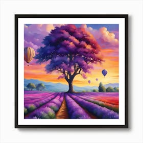 Lavender Field With Hot Air Balloons Art Print