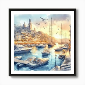 Watercolor Of A Harbor Art Print