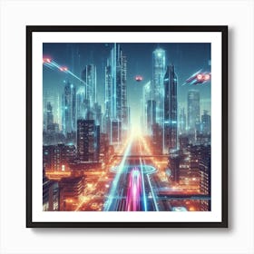 A futuristic cityscape with flying cars3 Art Print