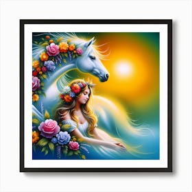 White Horse With Flowers Art Print