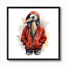 Watercolour Cartoon Crane In A Hoodie 1 Art Print