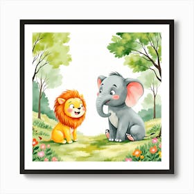 Cartoon Lion And Elephant In The Forest Art Print