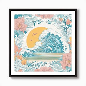 Sea Wave With Flowers Art Print