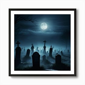 Gravestones Casting Long Ominous Shadows Under A Full Moon A Rising Mist Shrouding The Undead Figu (4) Art Print