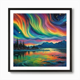 Aurora Borealis Over Tranquil Lake - Northern Lights Landscape Canvas Art | Mystical Night Sky Home Decor Print Art Print