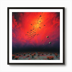 Red Sky With Birds Art Print