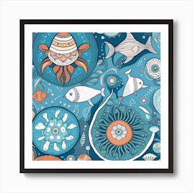 Seamless Pattern With Sea Creatures Art Print