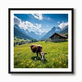 Alpine Meadow With A Cow Grazing Spring Setting Blossoming Flowers Dotting The Lush Grass Warm Su (3) Art Print