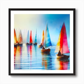 Sailboats At Sunset Artwork Painting Square 1 Art Print