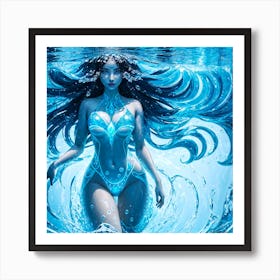 A Visual Wave And Drop Portrait Of A Water Wixen Diving Into The Ocean In Blue 1 Art Print