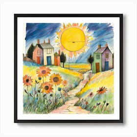 Crayon Drawn Landscape Featuring A Sun Smiling In The Corner Oversized Flowers With Irregular Petal 417913799 Art Print