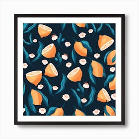 Night Lemon Pattern On Dark Blue Square Art Print