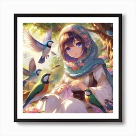 Anime Girl With Birds 2 Art Print