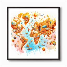 Splashy World - Watercolor Painting of a World Map with Warm and Bright Colors Art Print