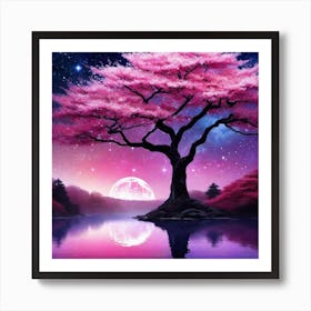 Pink Tree In The Night Sky Art Print