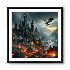 Dragon Flying Over A Castle Art Print