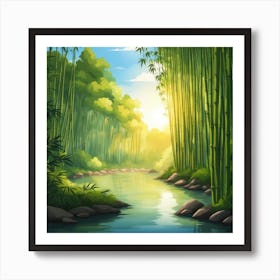 A Stream In A Bamboo Forest At Sun Rise Square Composition 129 Art Print