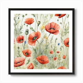 Wildflowers Watercolor Field Drawing Summer Popp (2) Art Print