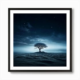 Single Tree Standing Solitary On A Vast Plateau Surrounded By A Dark Meadow Under A Night Sky Spark Art Print