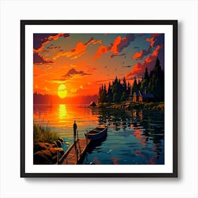 Sunset On The Lake,Beautiful sea landscape with water and nature Art Print