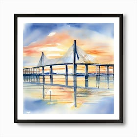 Accurate drawing and description. Sunset over the Arthur Ravenel Jr. Bridge in Charleston. Blue water and sunset reflections on the water. Watercolor.9 Art Print