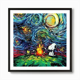 Snoopy And Wood Pop Culture Painting Van Gogh Starry Night Art Print