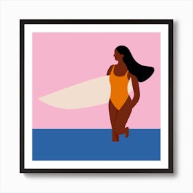 Woman Holding Surfboard Art Print