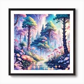 A Fantasy Forest With Twinkling Stars In Pastel Tone Square Composition 19 Art Print