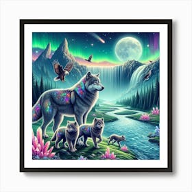 Wolf Family by Crystal Waterfall Under Full Moon and Aurora Borealis 7 Art Print