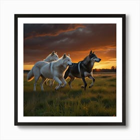 Three Wolves At Sunset Art Print