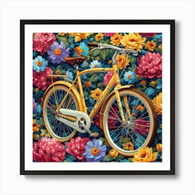 Yellow Bicycle With Flowers Art Print