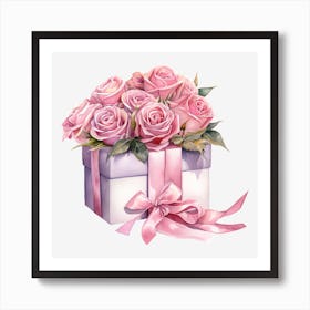Pink Roses In A Gift Box 1 Art Print