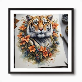 Tiger With Flowers Art Print