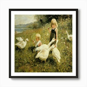 Children Feeding Geese Poster