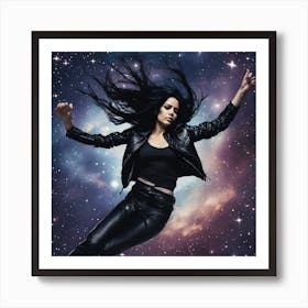 The Image Depicts A Woman Suspended In Midair Against A Backdrop Of Stars And Galaxies Art Print