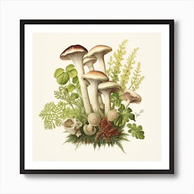 Puffballs under cover - mushroom art print - mushroom botanical print Art Print