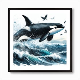 Sea Whale Orca In Motion, Sea Orca Watercolour Art Print 2 Art Print