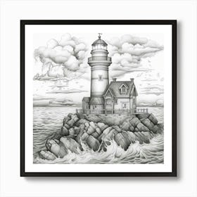 Lighthouse,A drawing of a lighthouse on a rock in the ocean. Art Print