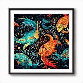 Goldfish On Black Background Art Print