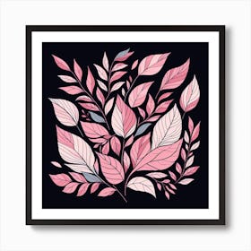 Pink Leaves On Black Background 5 Art Print