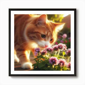 Cat Sniffing Flowers Art Print