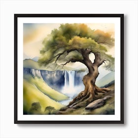 Watercolor Of A Tree And Waterfall Art Print