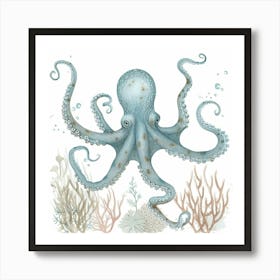 Blue Storybook Style With Seaweed & Coral 2 Art Print