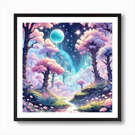 A Fantasy Forest With Twinkling Stars In Pastel Tone Square Composition 387 Art Print